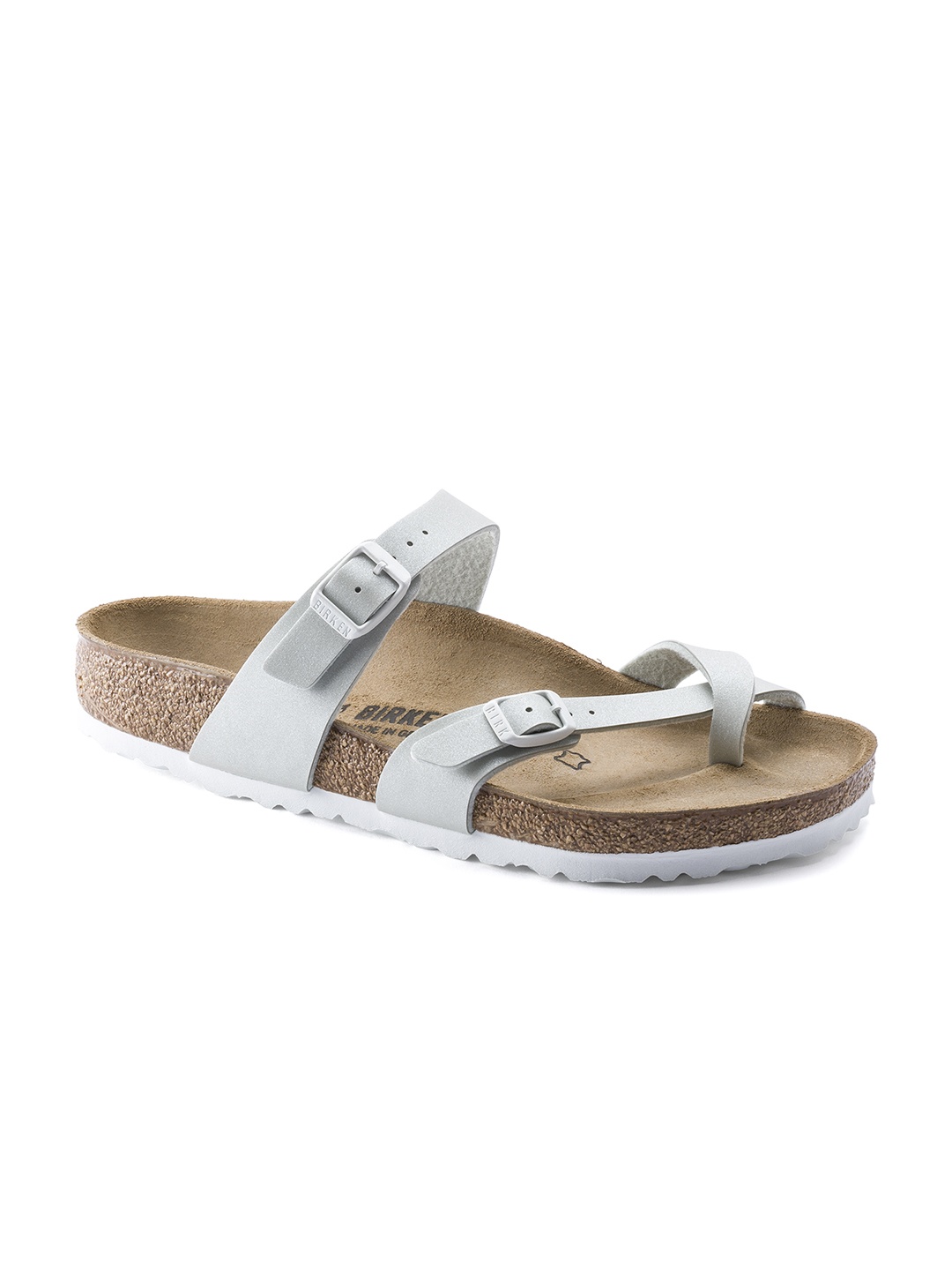 

Birkenstock Women Silver-Toned Solid Mayari Birko-Flor One Toe Regular Width Flats