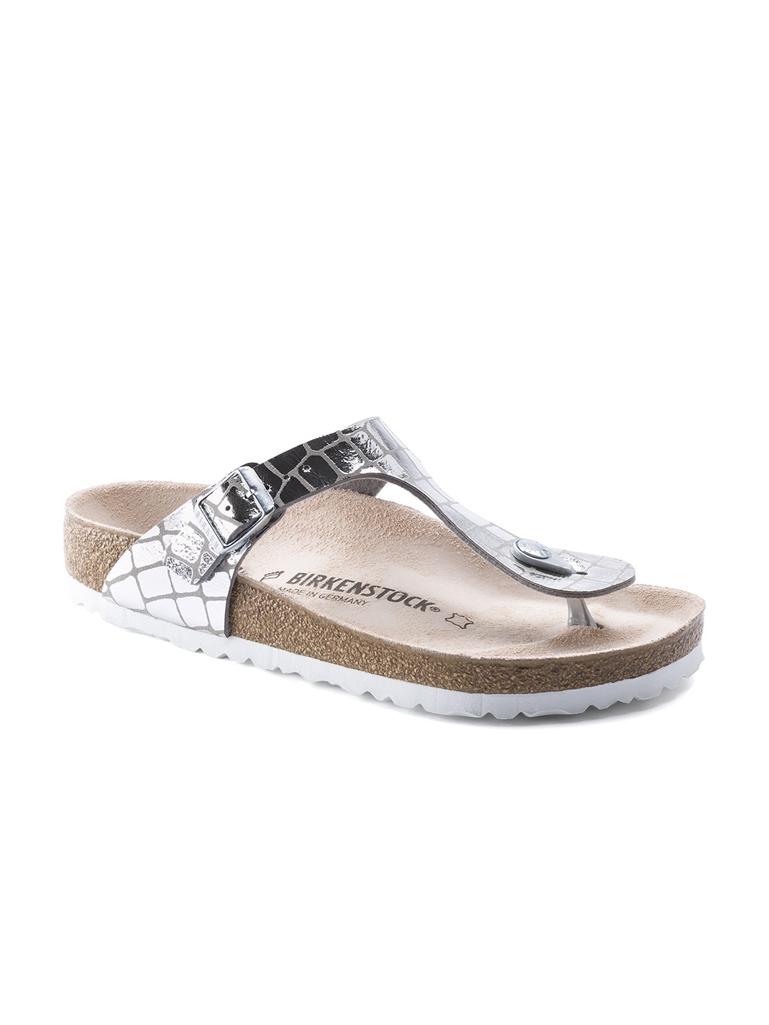 

Birkenstock Women Silver-Toned & Grey Croc Textured Micro Fibre Gizeh T-Strap Regular Width Flats