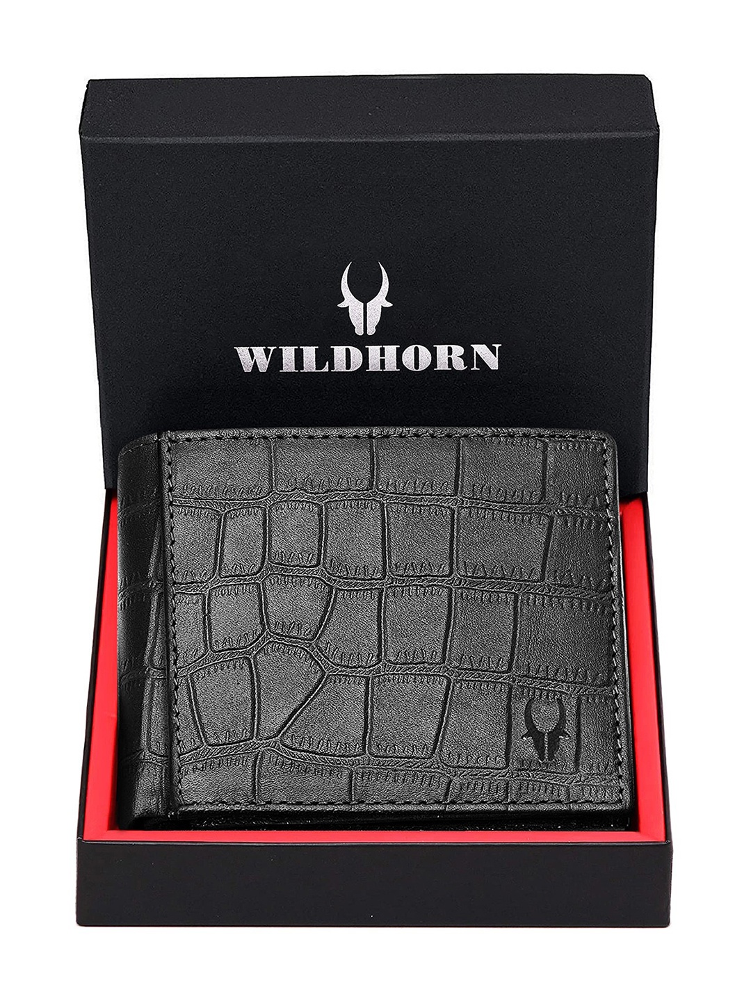 

WildHorn Men Black Textured RFID Protected Leather Two Fold Wallet