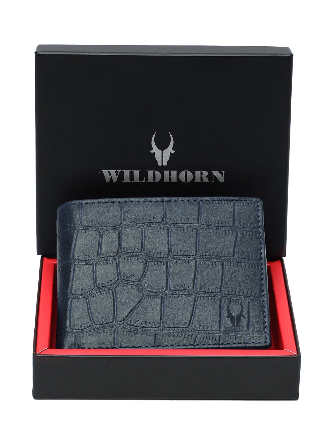 

WildHorn Men Blue Self Design RFID Protected Genuine Leather Hand-Stitched Two Fold Wallet