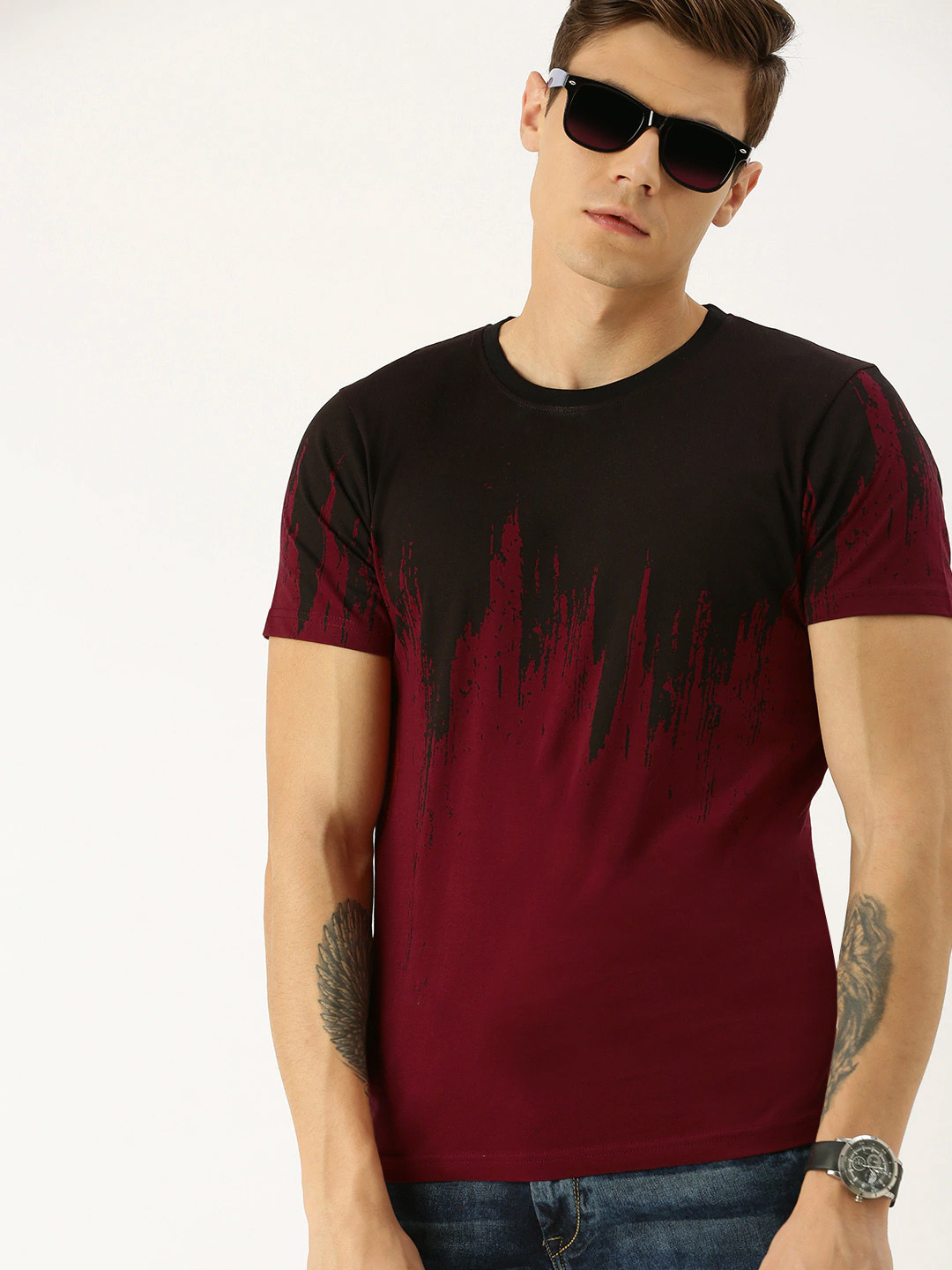

Moda Rapido Men Maroon and Black Printed Round Neck T-shirt