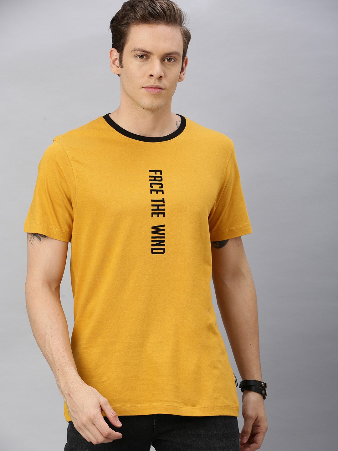 

Roadster Men Mustard Yellow Printed Round Neck T-shirt