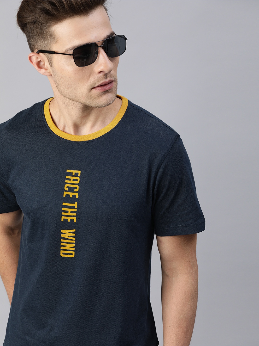 

Roadster Men Navy Blue Printed Round Neck Pure Cotton T-shirt