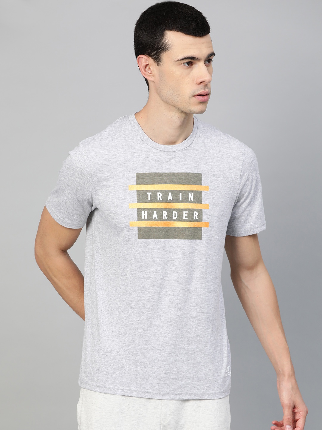

Alcis Men Grey Meange Printed Round Neck Training T-shirt, Grey melange