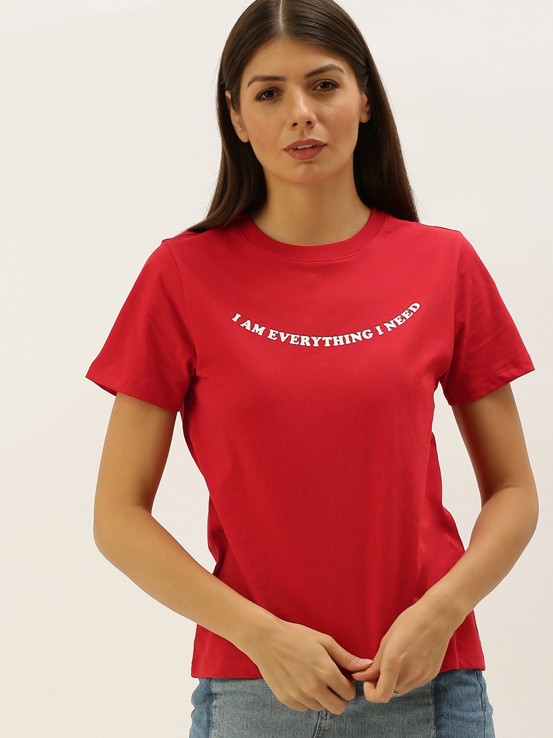 

FOREVER 21 Women Red Printed Round Neck T-shirt