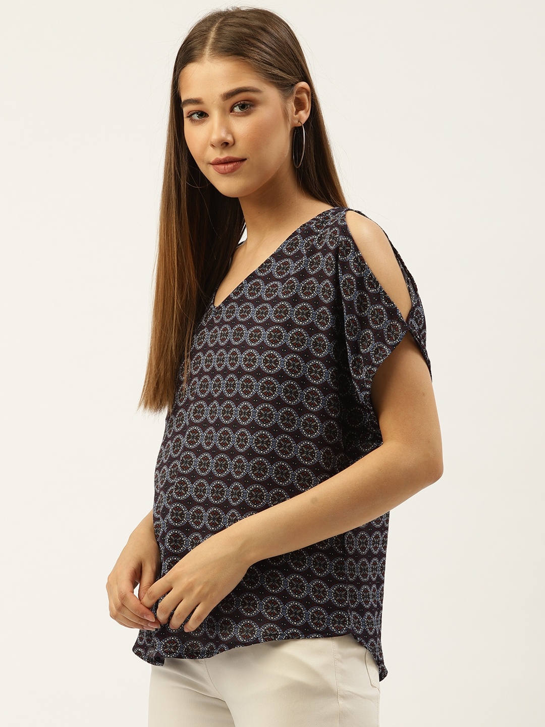 

An Episode Women Blue & Maroon Ethnic Print Cold-Shoulder Top