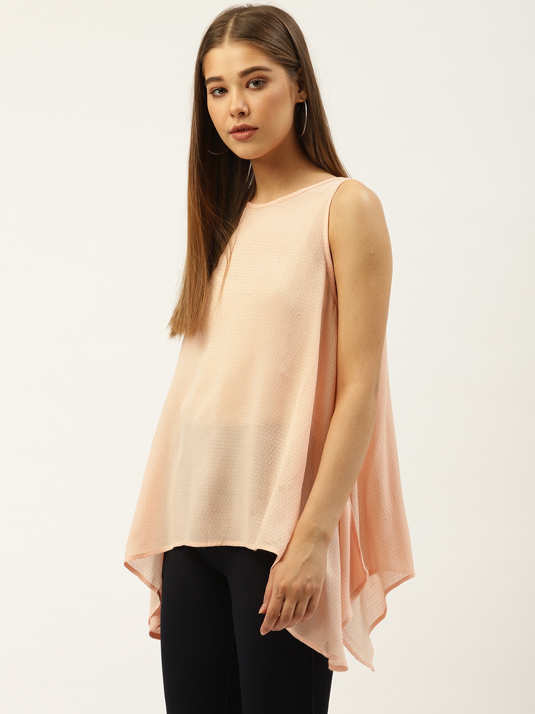 

An Episode Women Peach-Coloured Self-Design Semi-Sheer Asymmetric A-Line Top