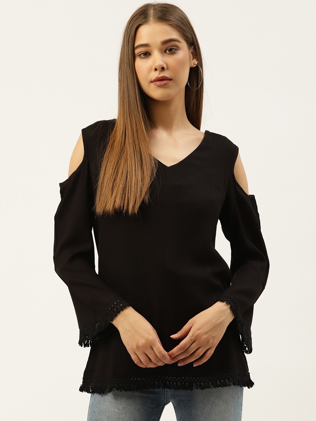 

An Episode Women Black Solid Cold Shoulder Lace Insert Top