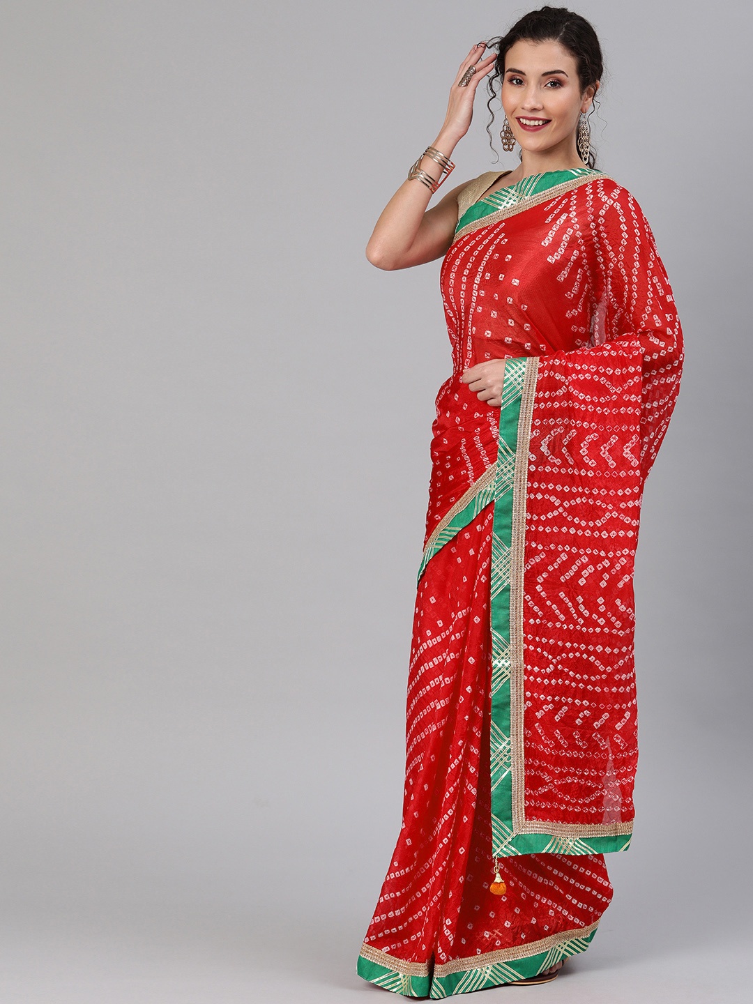 

Geroo Jaipur Hand Dyed Red Bandhani Silk Saree