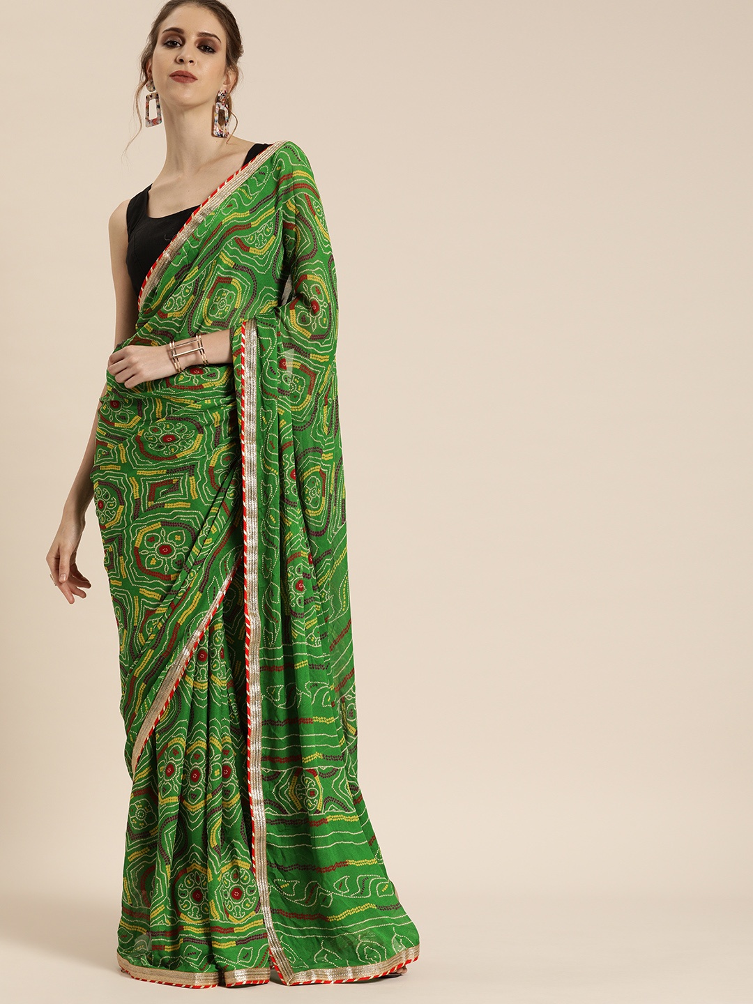 

Mitera Hand Dyed Green Bandhani Georgette Saree