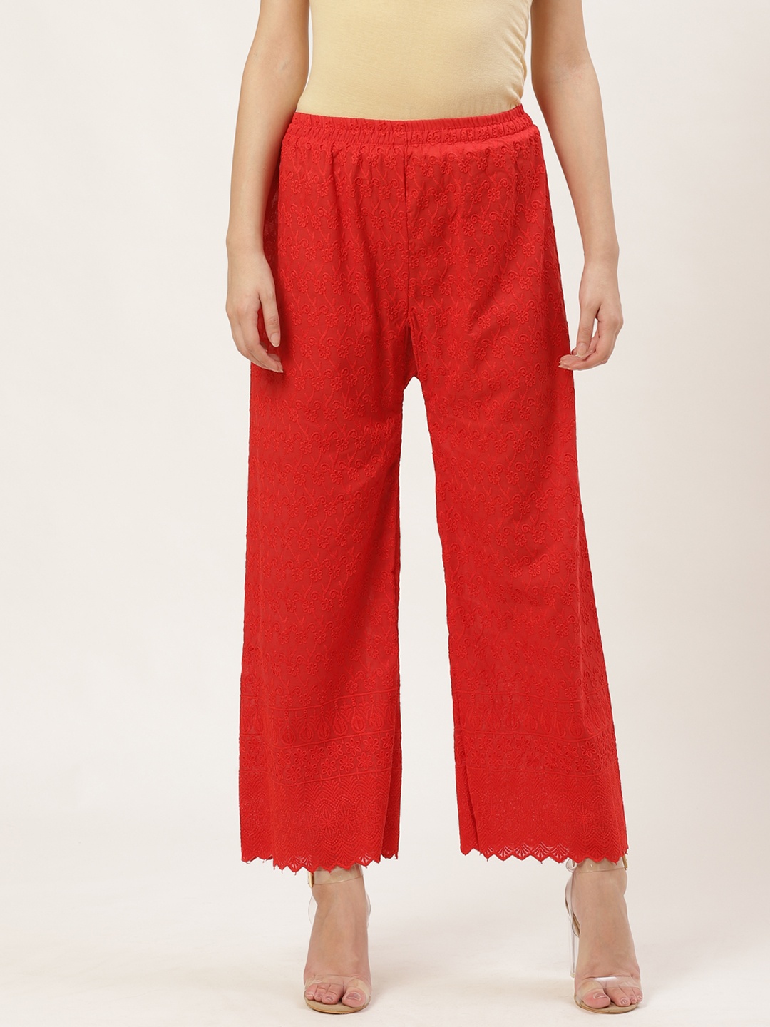 

Vastraa Fusion Women Red Chikankari Embroidered Flared Palazzos