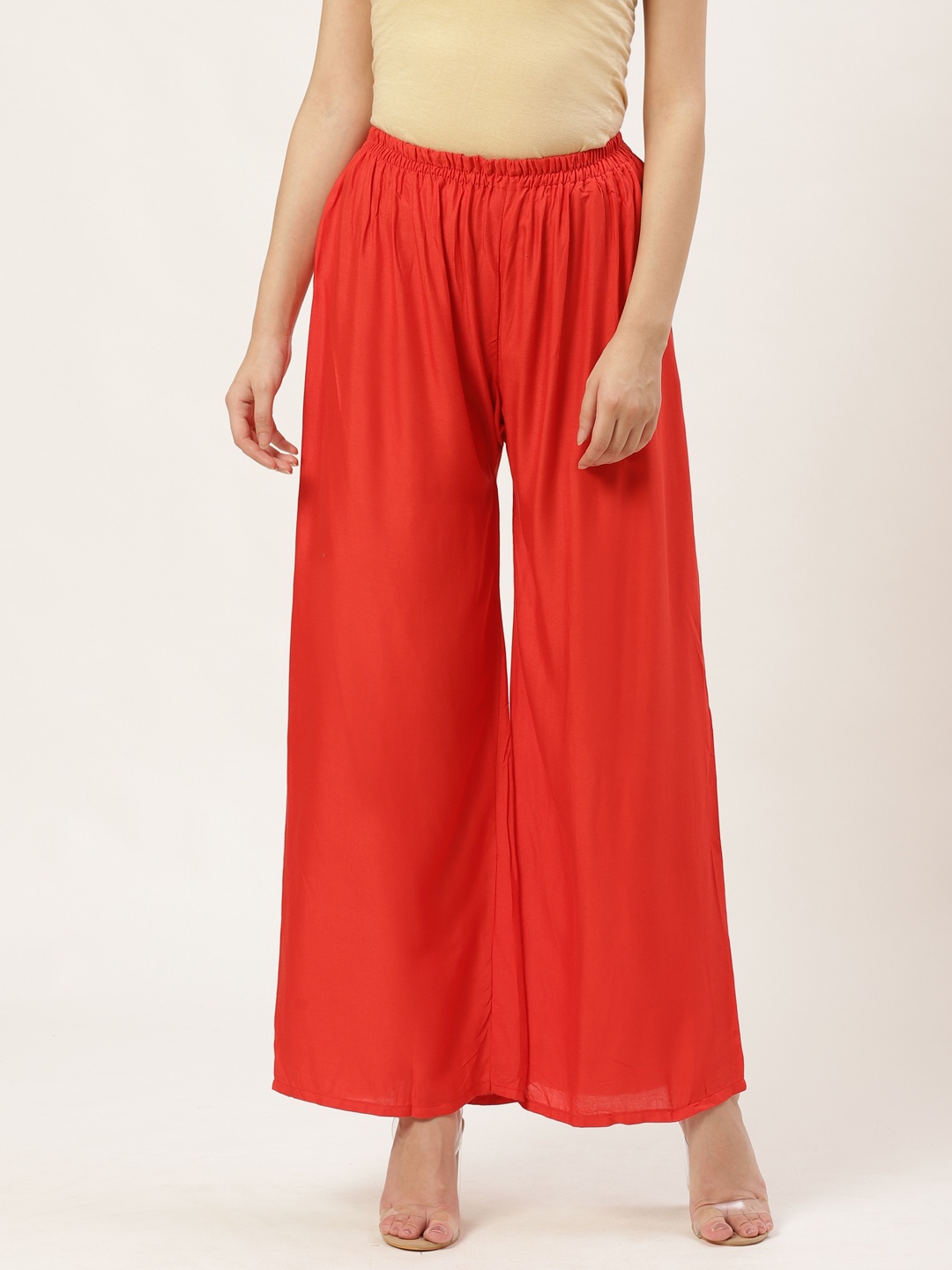 

Vastraa Fusion Women Coral Red Solid Flared Palazzos