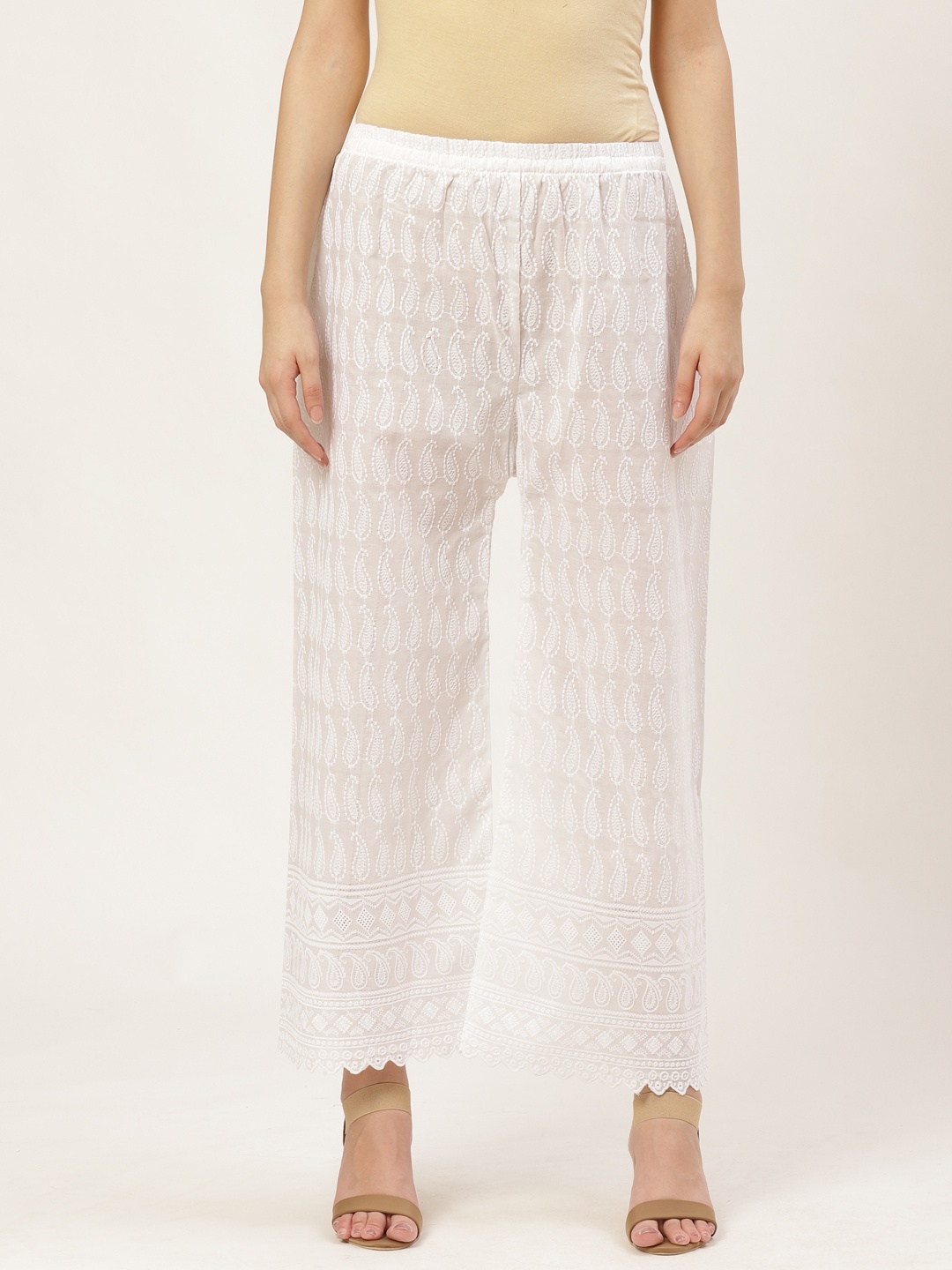 

Vastraa Fusion Women Chikankari Embroidered Flared Palazzos, White