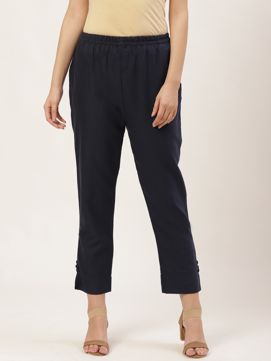 

Vastraa Fusion Women Navy Blue Carrot Slim Fit Solid Regular Trousers
