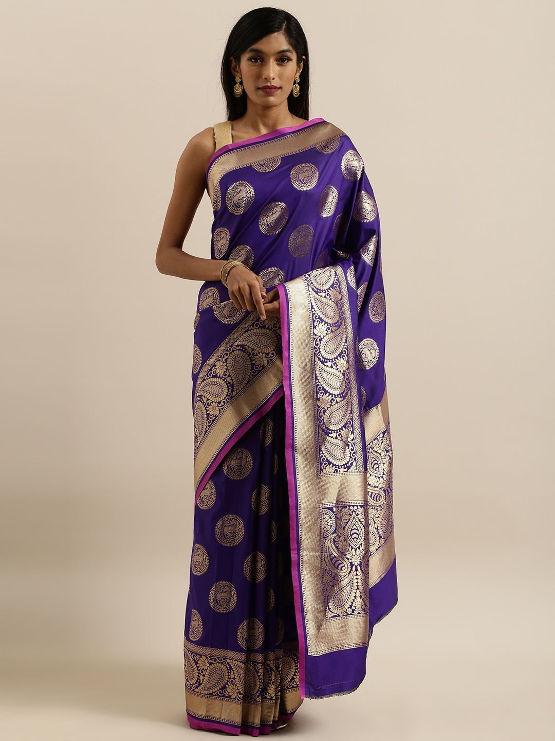 

VASTRANAND Navy Blue & Gold-Colored Silk Blend Woven Design Banarasi Saree