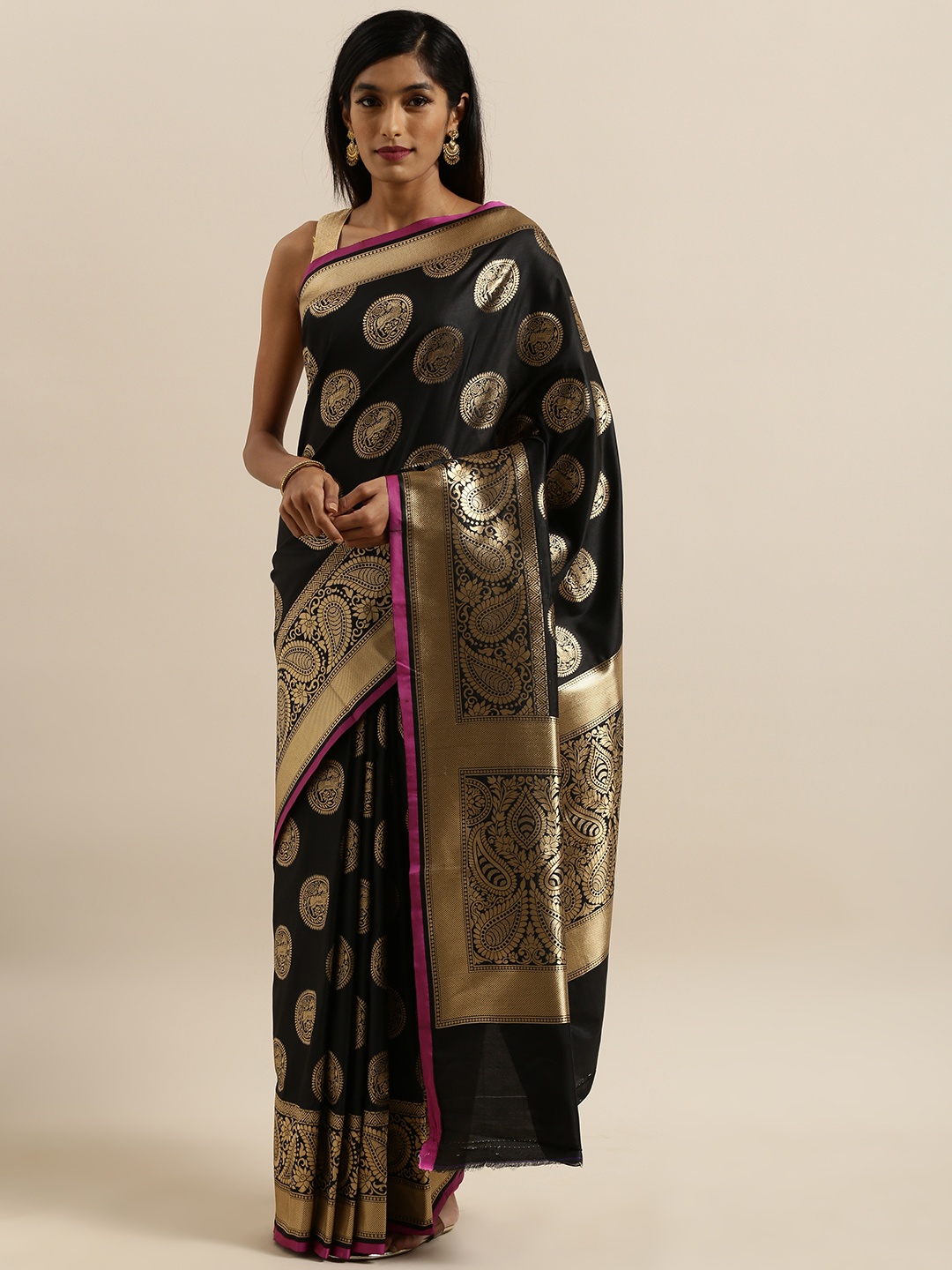 

VASTRANAND Black & Gold-Colored Silk Blend Woven Design Banarasi Saree
