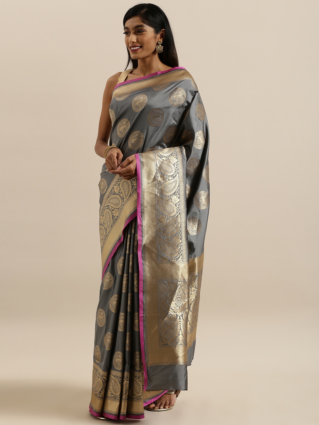 

VASTRANAND Grey & Gold-Toned Silk Blend Printed Banarasi Saree