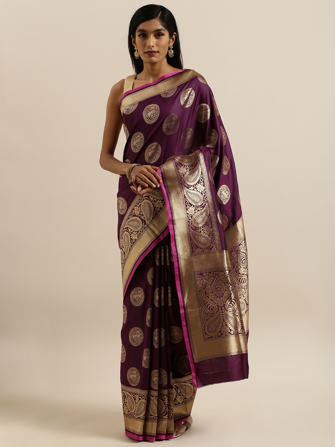 

VASTRANAND Burgundy & Gold-Colored Silk Blend Woven Design Banarasi Saree