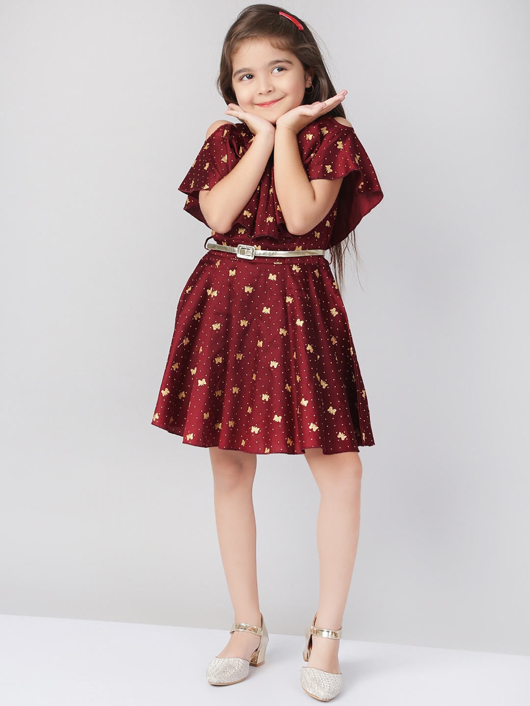 

Naughty Ninos Girls Maroon & Golden Butterfly Printed Fit and Flare Dress