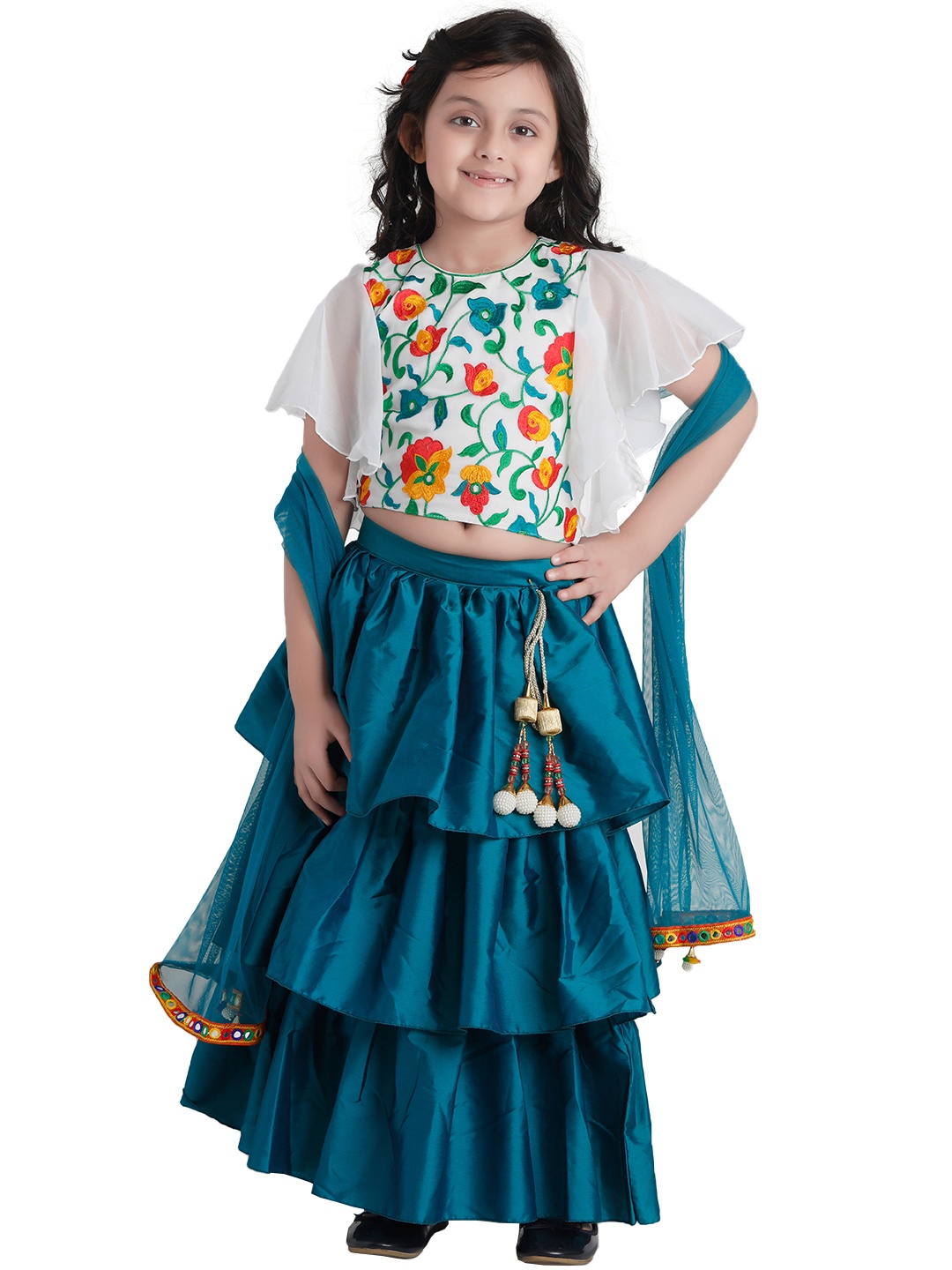 

ADIVA Girls Teal & White Embroidered Ready to Wear Lehenga & Blouse with Dupatta