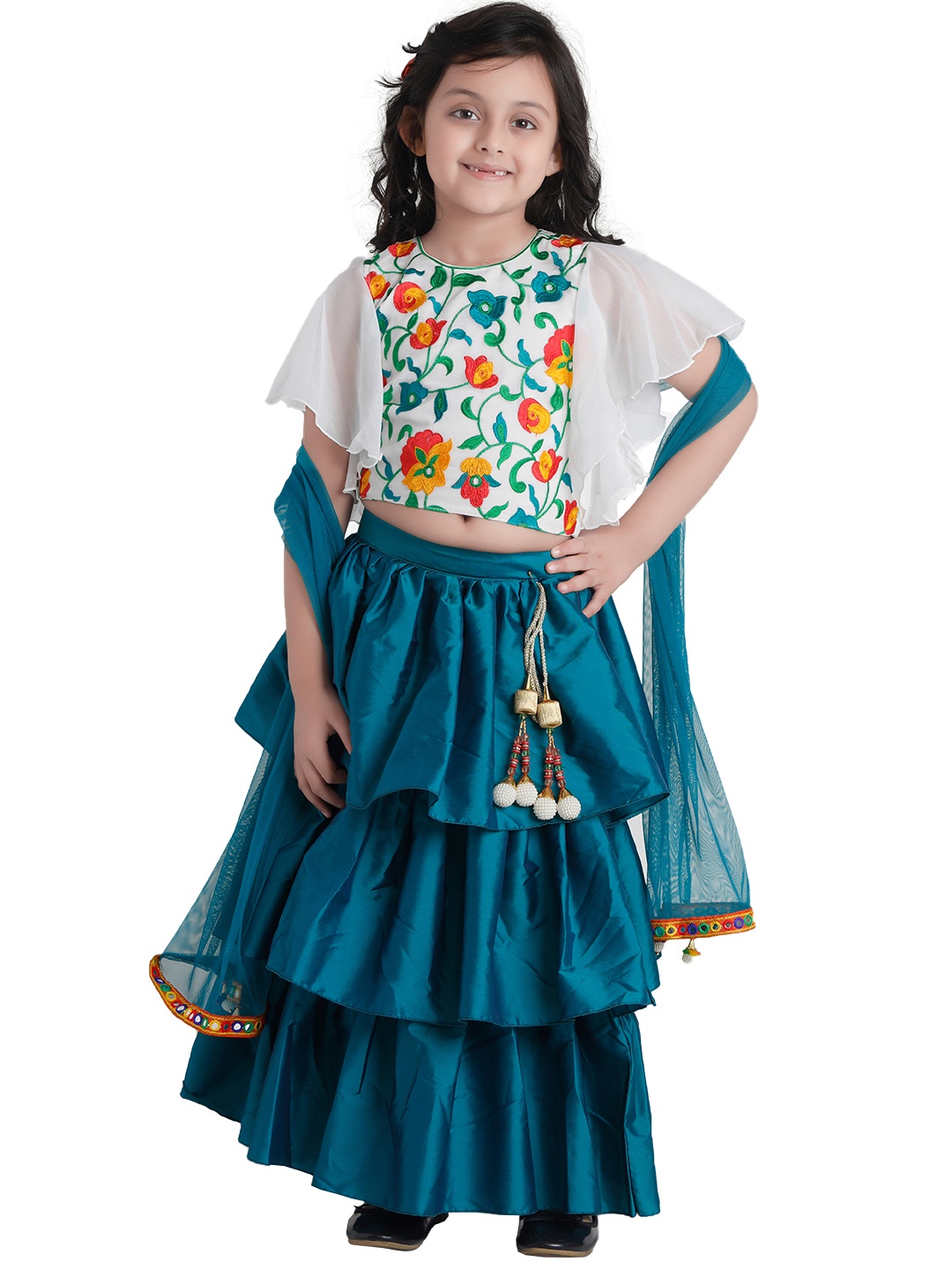 

ADIVA Girls Teal Blue & White Embroidered Ready to Wear Lehenga & Blouse with Dupatta