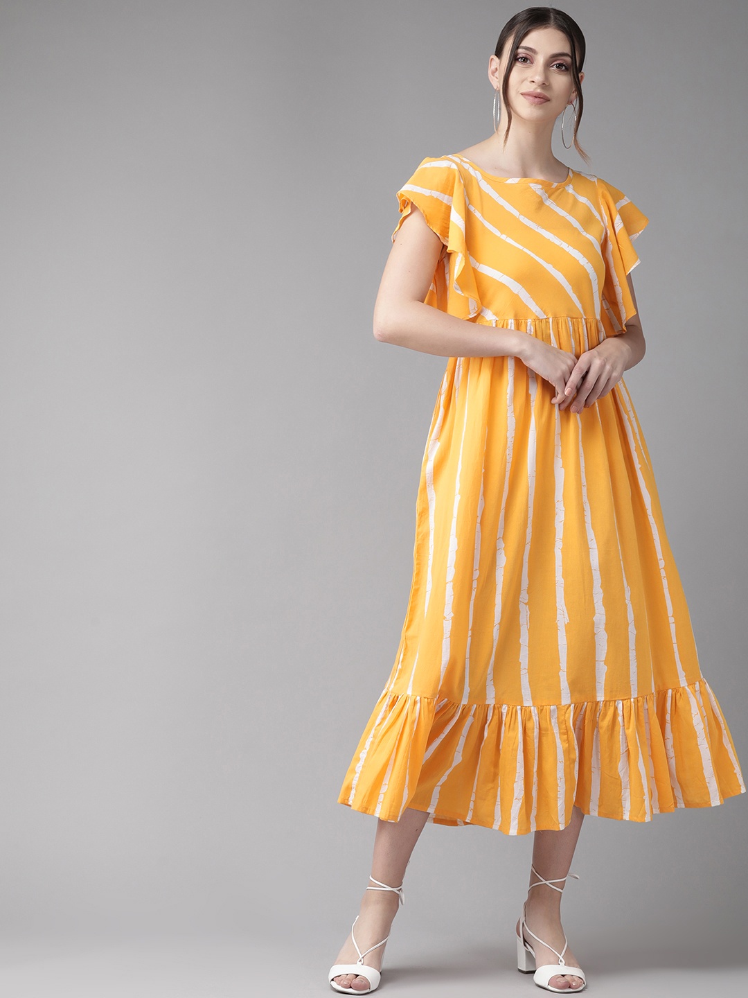 

AKS Women Mustard Yellow & White Striped A-Line Dress