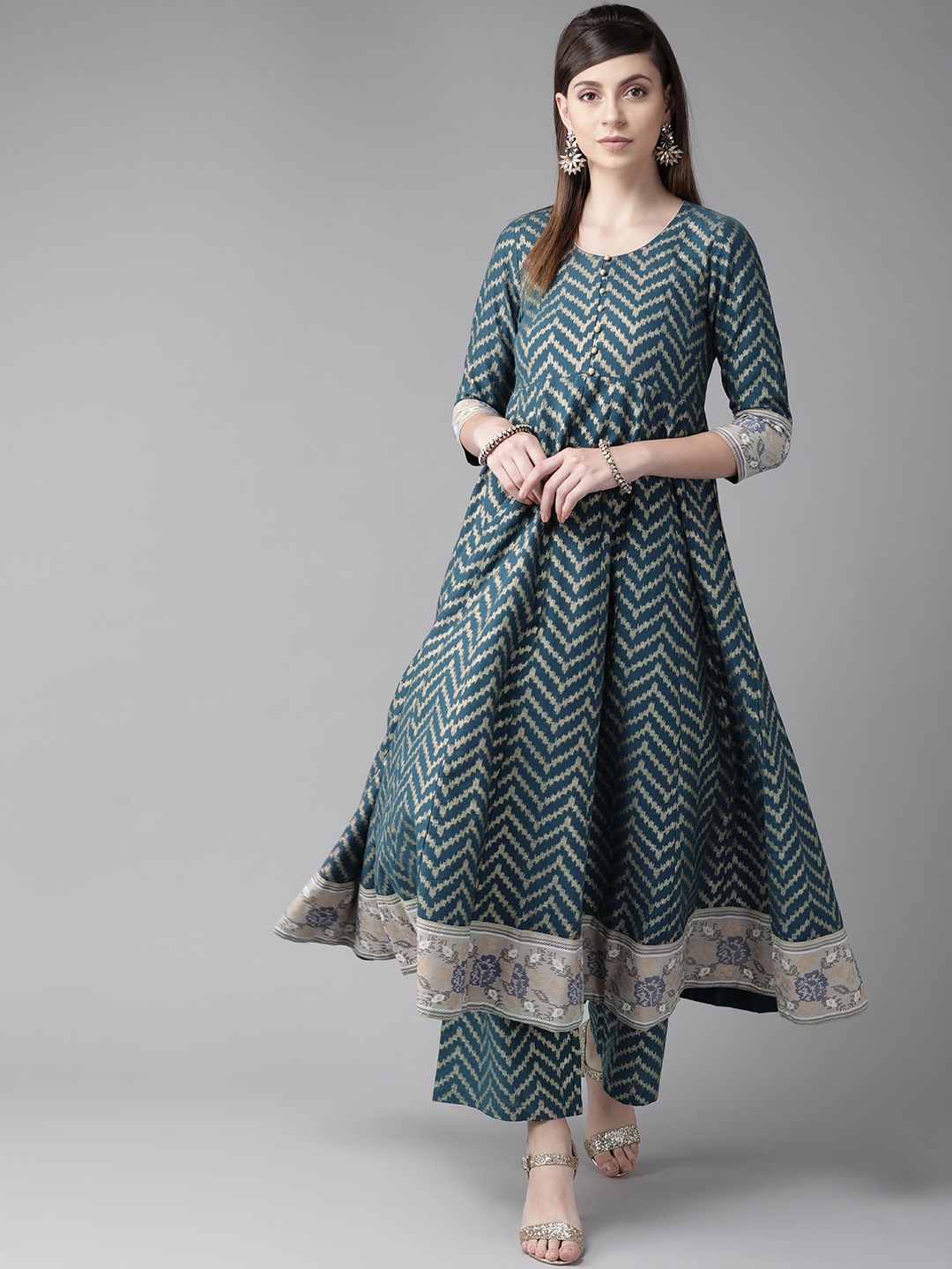 

AKS Women Teal Blue & Golden Chevron Print Anarkali Kurta