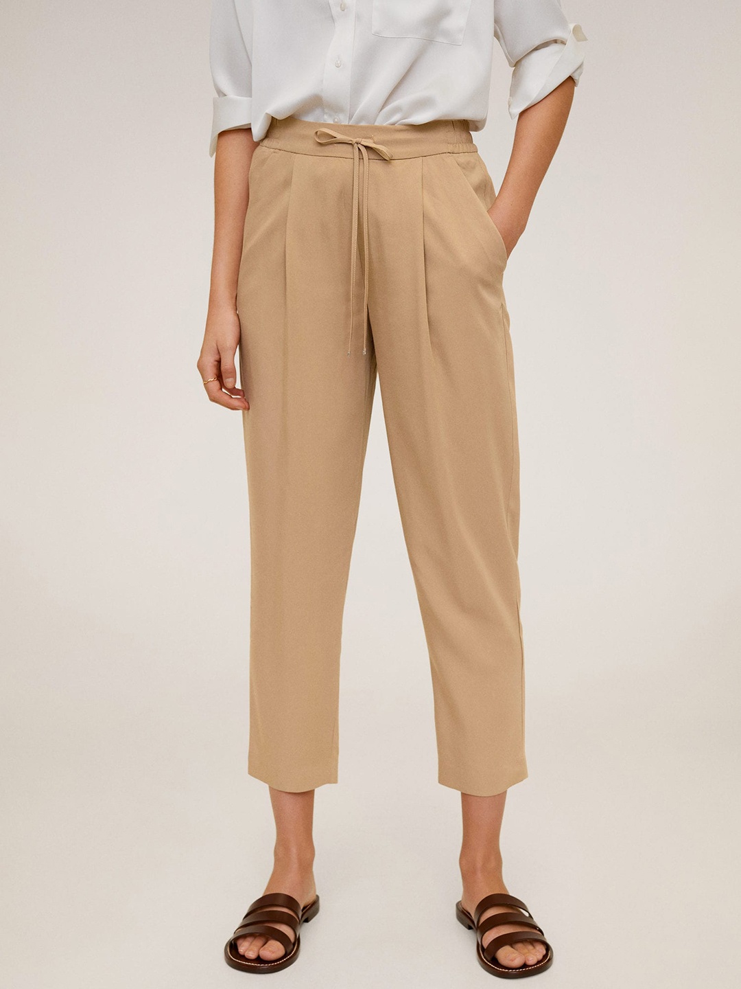 

MANGO Women Beige Straight Fit Solid Peg Trousers