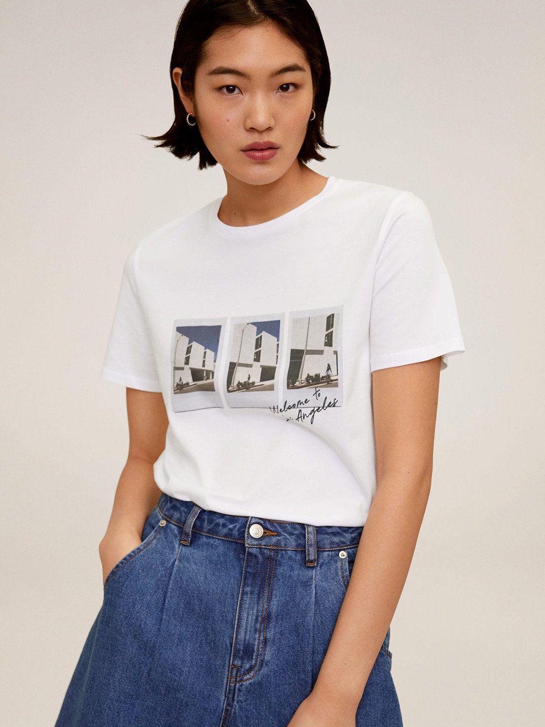 

MANGO Women White Printed Round Neck Pure Cotton Organic Cotton T-shirt