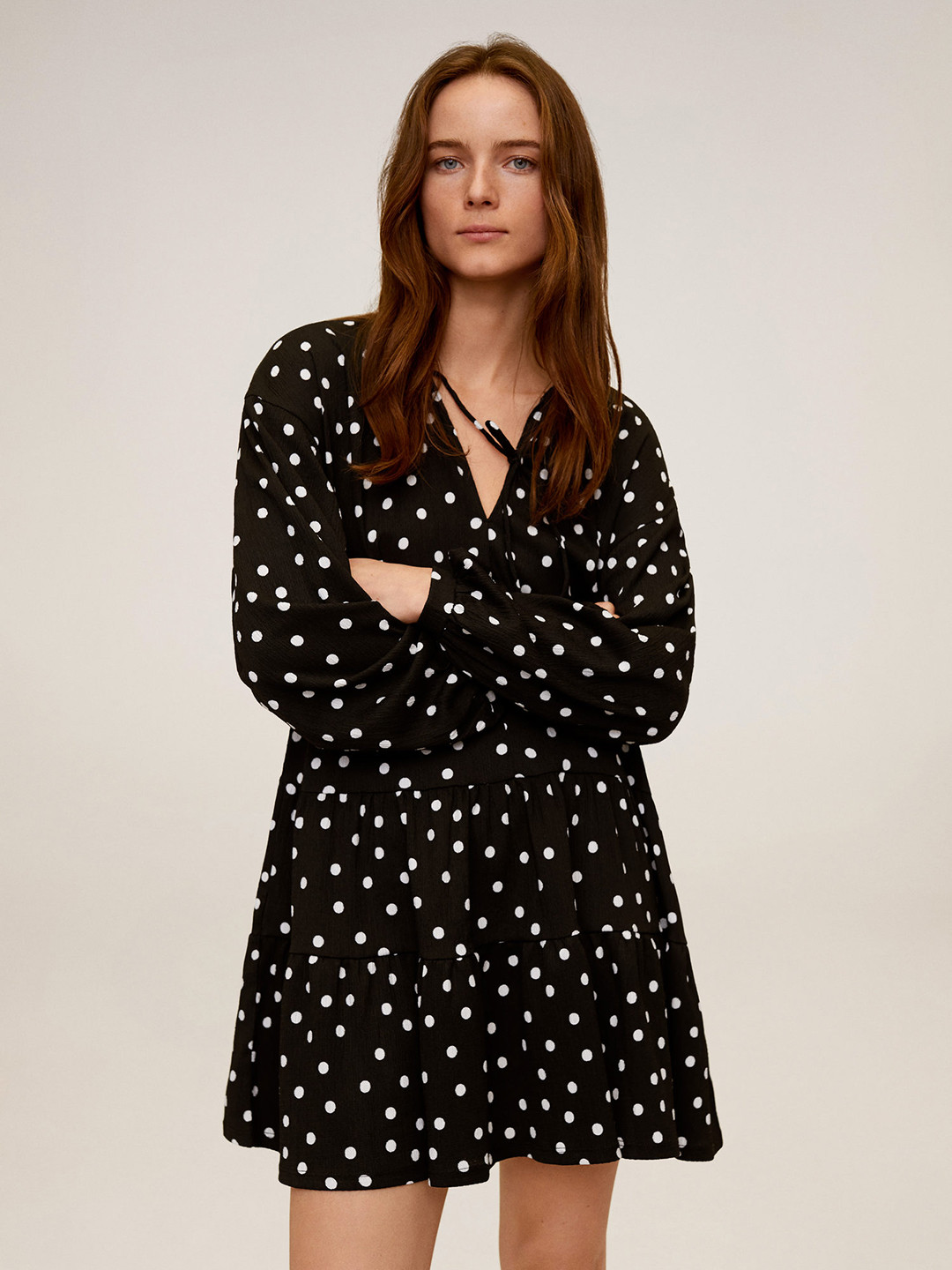 

MANGO Women Black & White Polka Dots Printed A-Line Tiered Dress