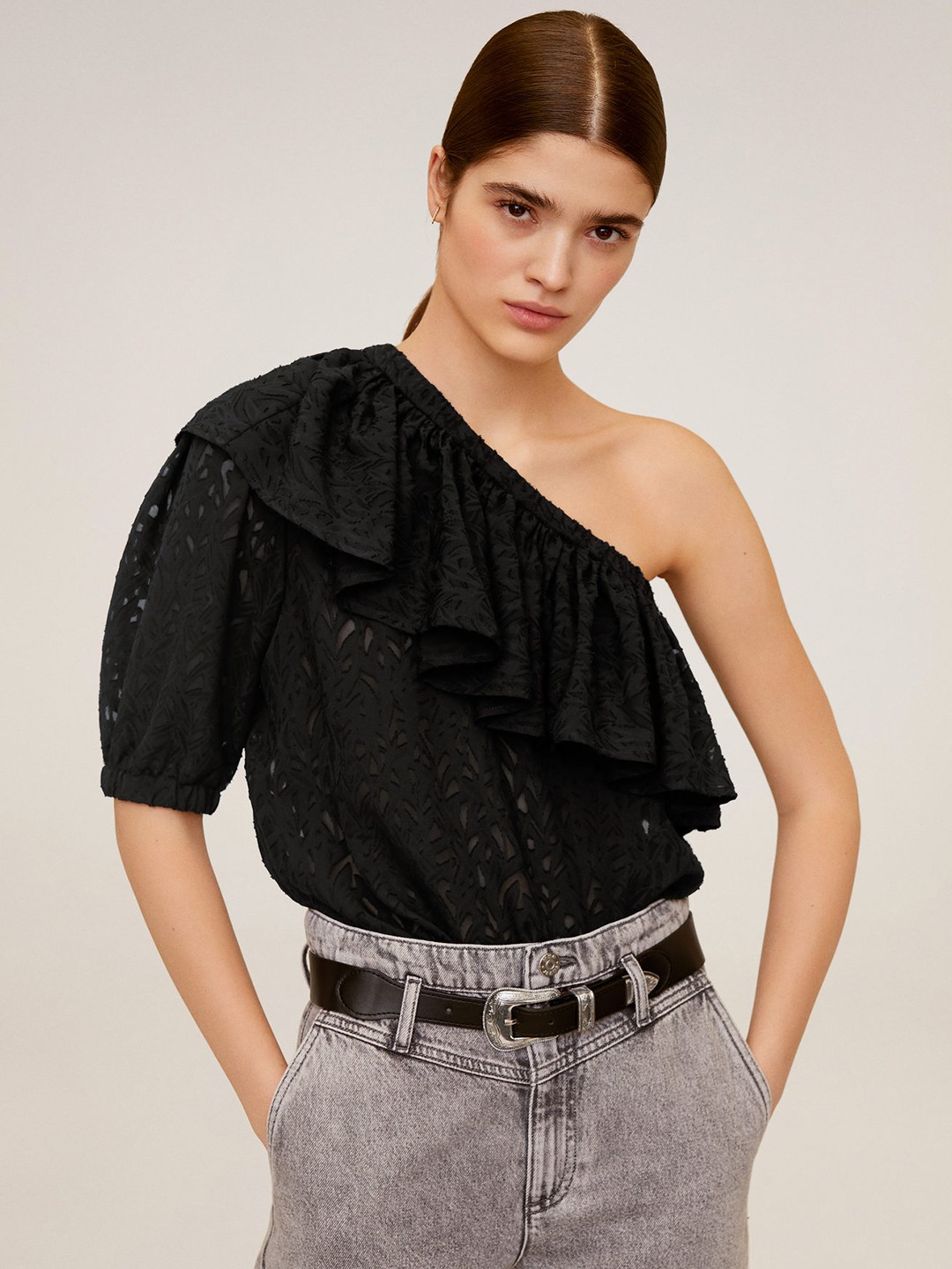 

MANGO Women Black Self-Design One-Shoulder Semi-Sheer Top