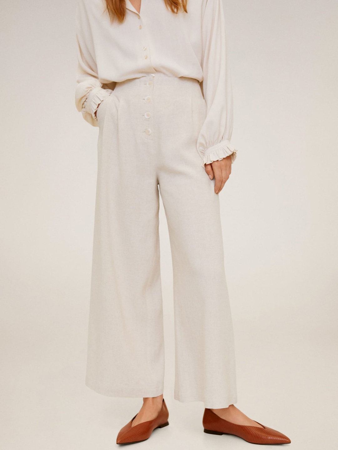 

MANGO Women Off-White Regular Fit Solid Parallel Trousers
