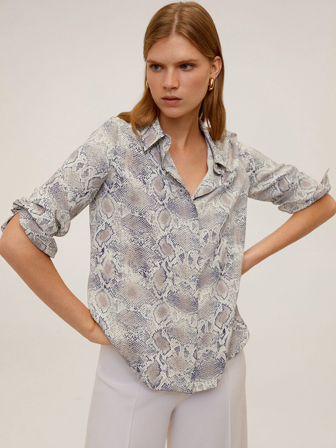 

MANGO Women Off-White & Navy Blue Animal Print Casual Shirt