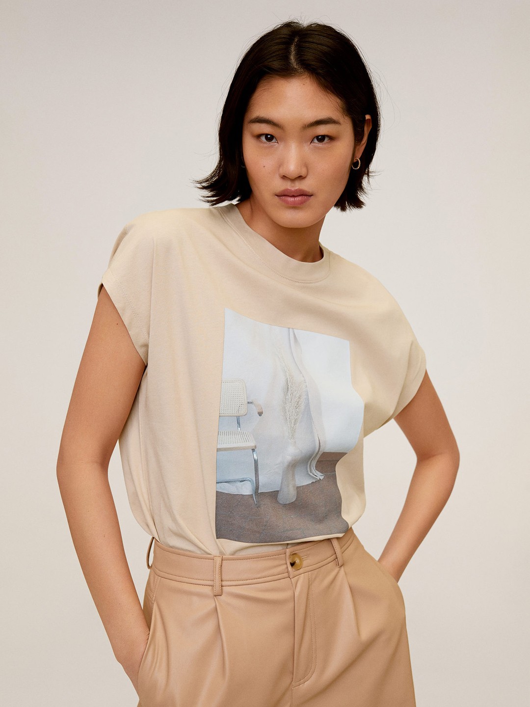 

MANGO Women Beige Printed Round Neck Pure Cotton T-shirt
