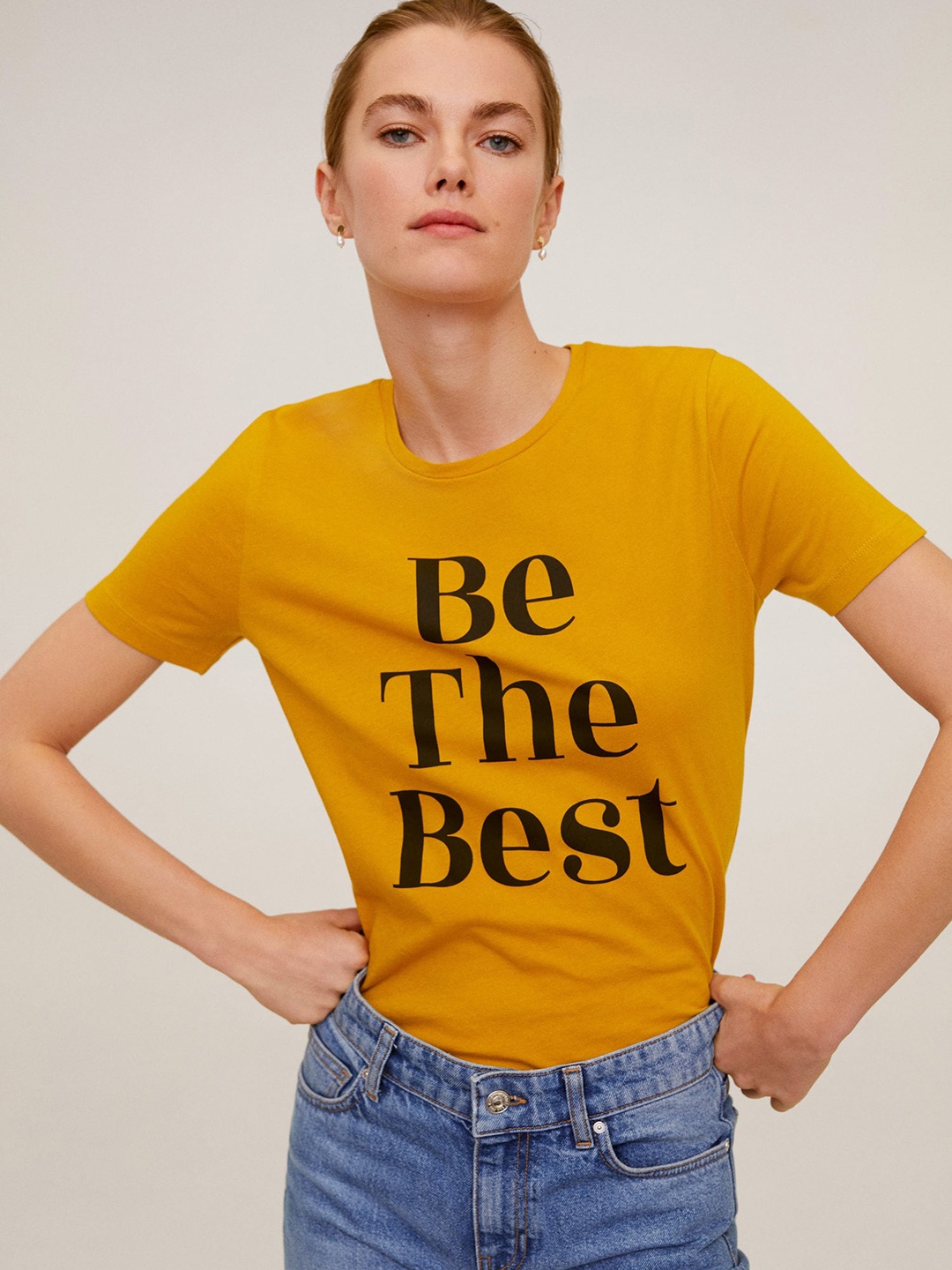 

MANGO Women Mustard Yellow Black Printed Round Neck Pure Cotton T-shirt