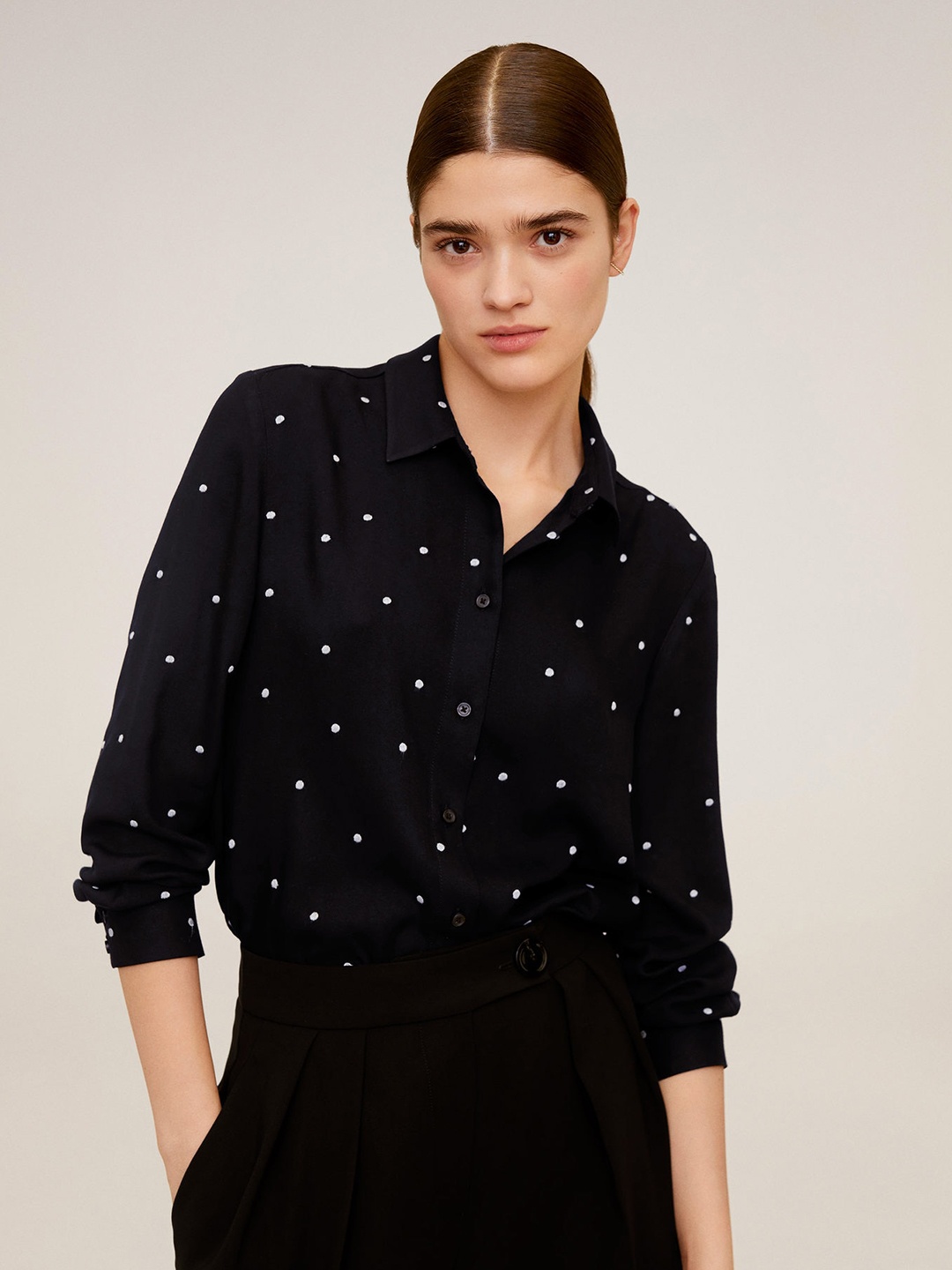 

MANGO Women Black & White Polka Dots Embroidered Regular Fit Casual Shirt