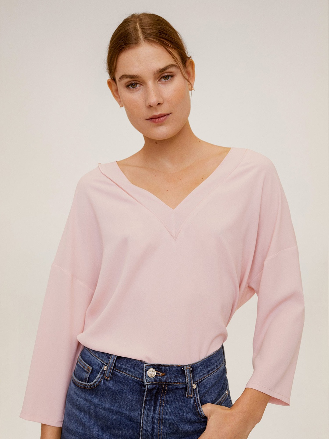

MANGO Women Pink Solid V-Neck Drop-Shoulder High-Low T-shirt