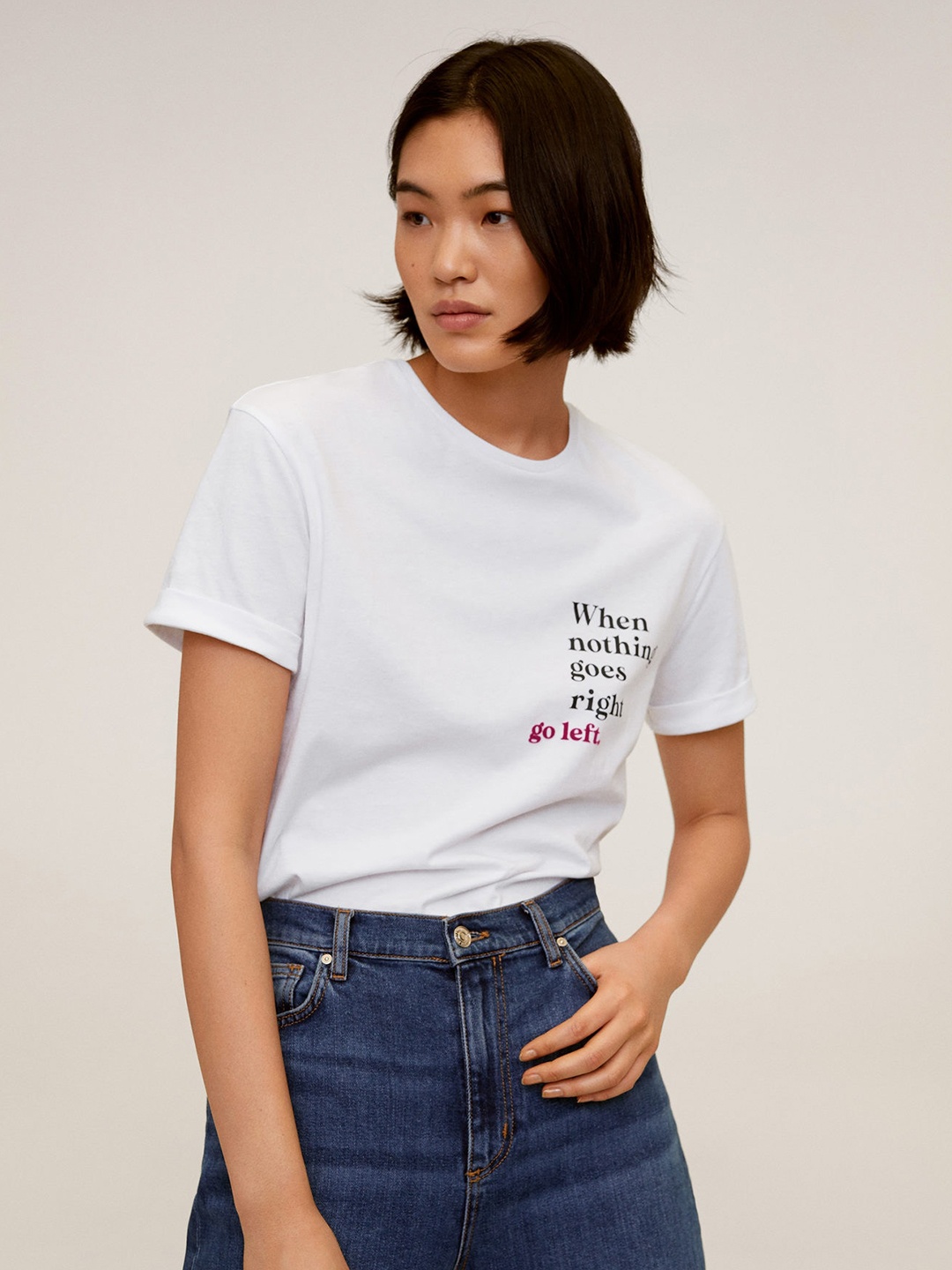 

MANGO Women White Solid Round Neck Pure Cotton T-shirt