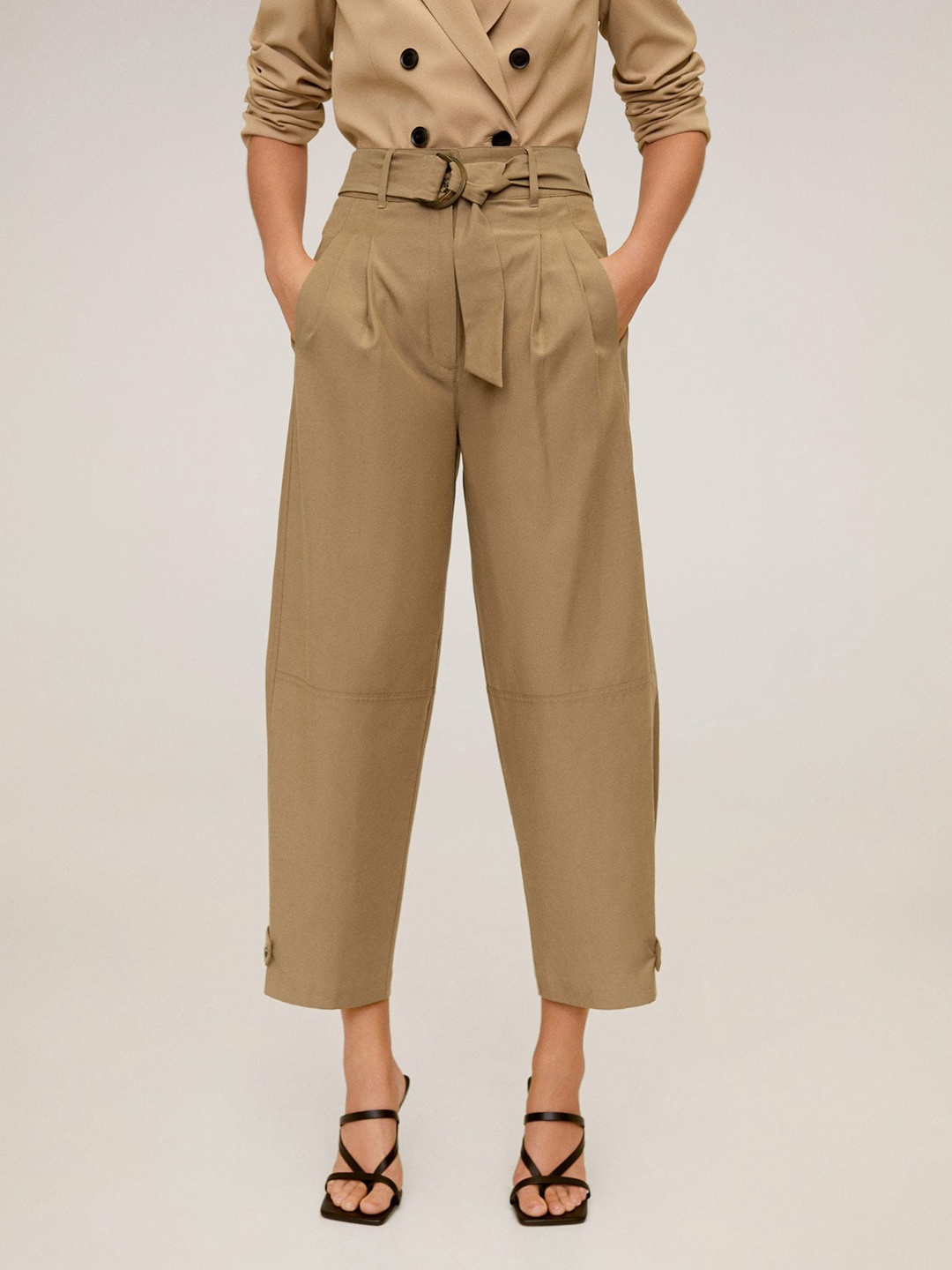 

MANGO Women Khaki Straight Fit Solid Drop Crotch Trousers