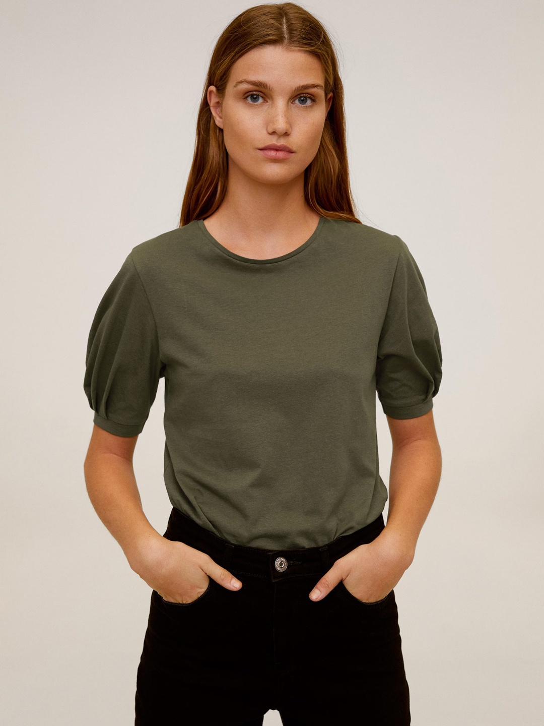 

MANGO Women Olive Green Solid Puff Sleeves Pure Cotton Top