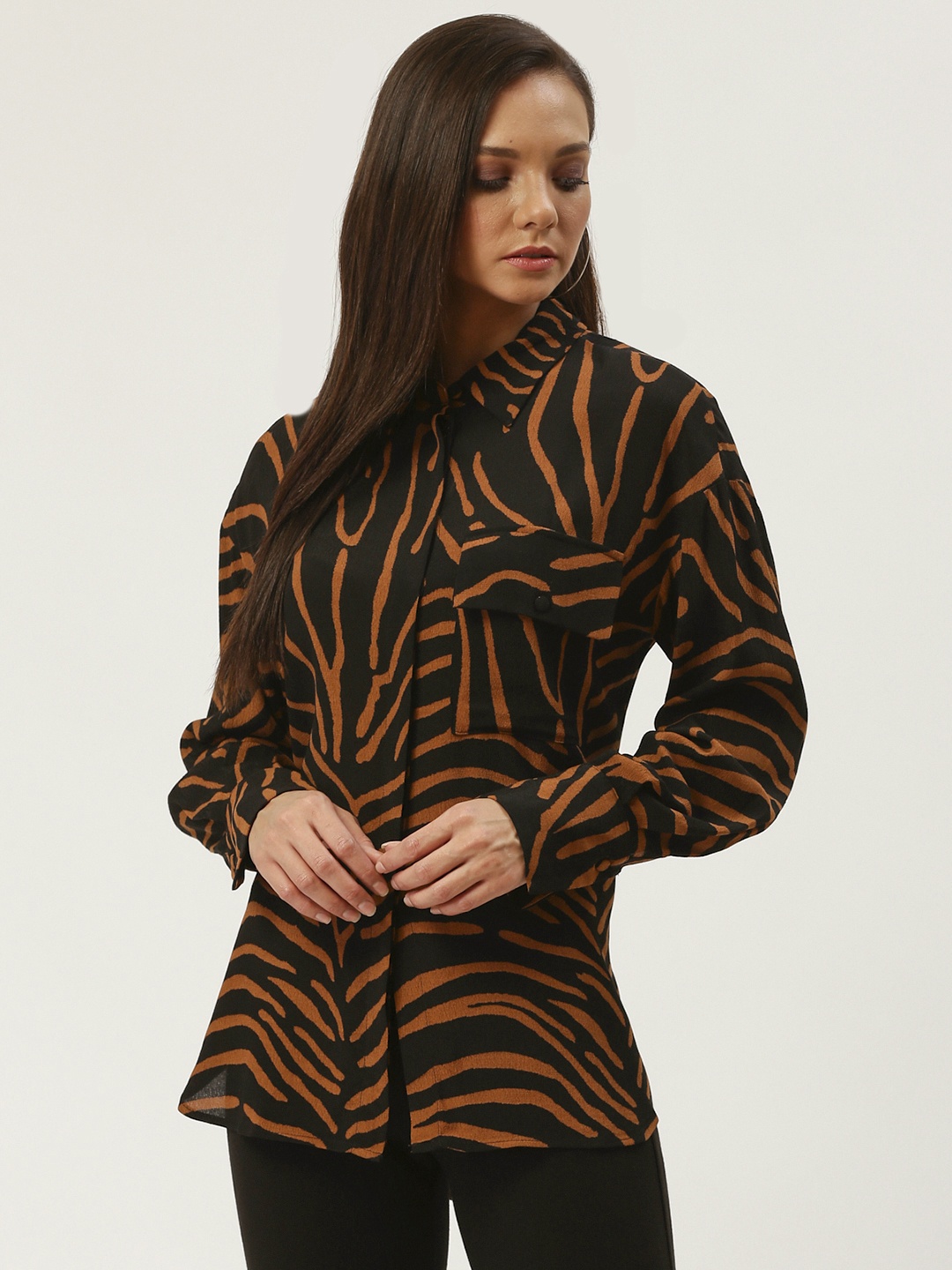 

MANGO Women Black & Mustard Brown Tiger Print Shirt