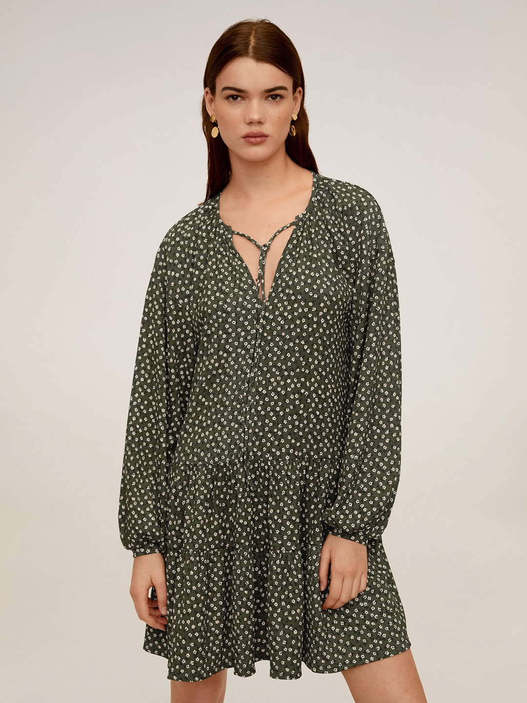 

MANGO Women Olive Green & Beige Printed A-Line Tiered Dress