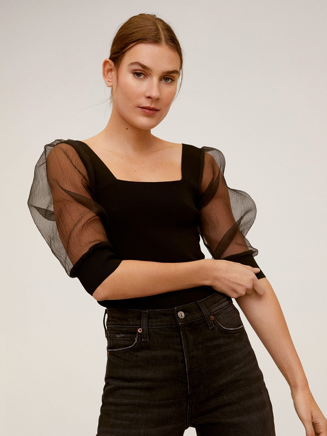 

MANGO Women Black Solid Puff Sleeves Top