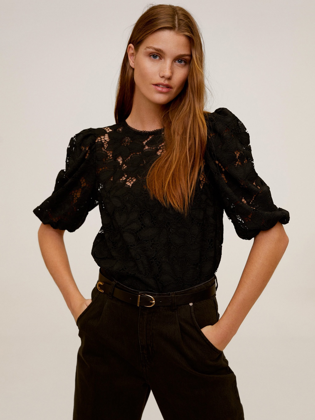 

MANGO Women Black Lace Semi-Sheer Puff Sleeves Top