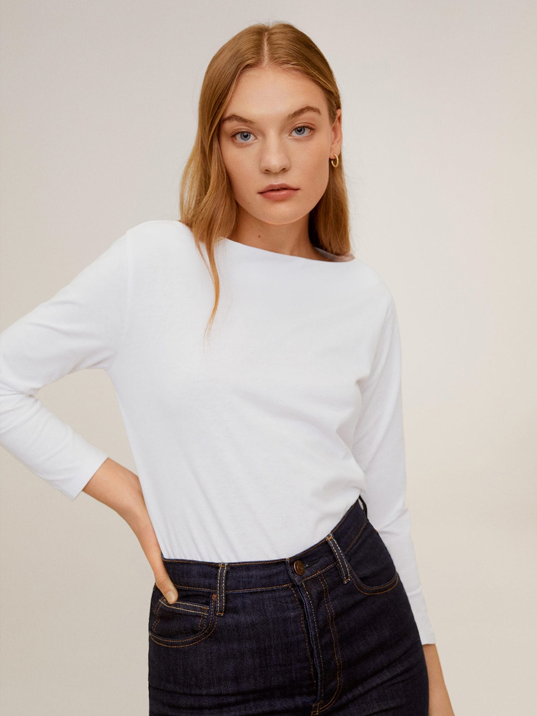 

MANGO Women White Solid Boat Neck Pure Cotton T-shirt