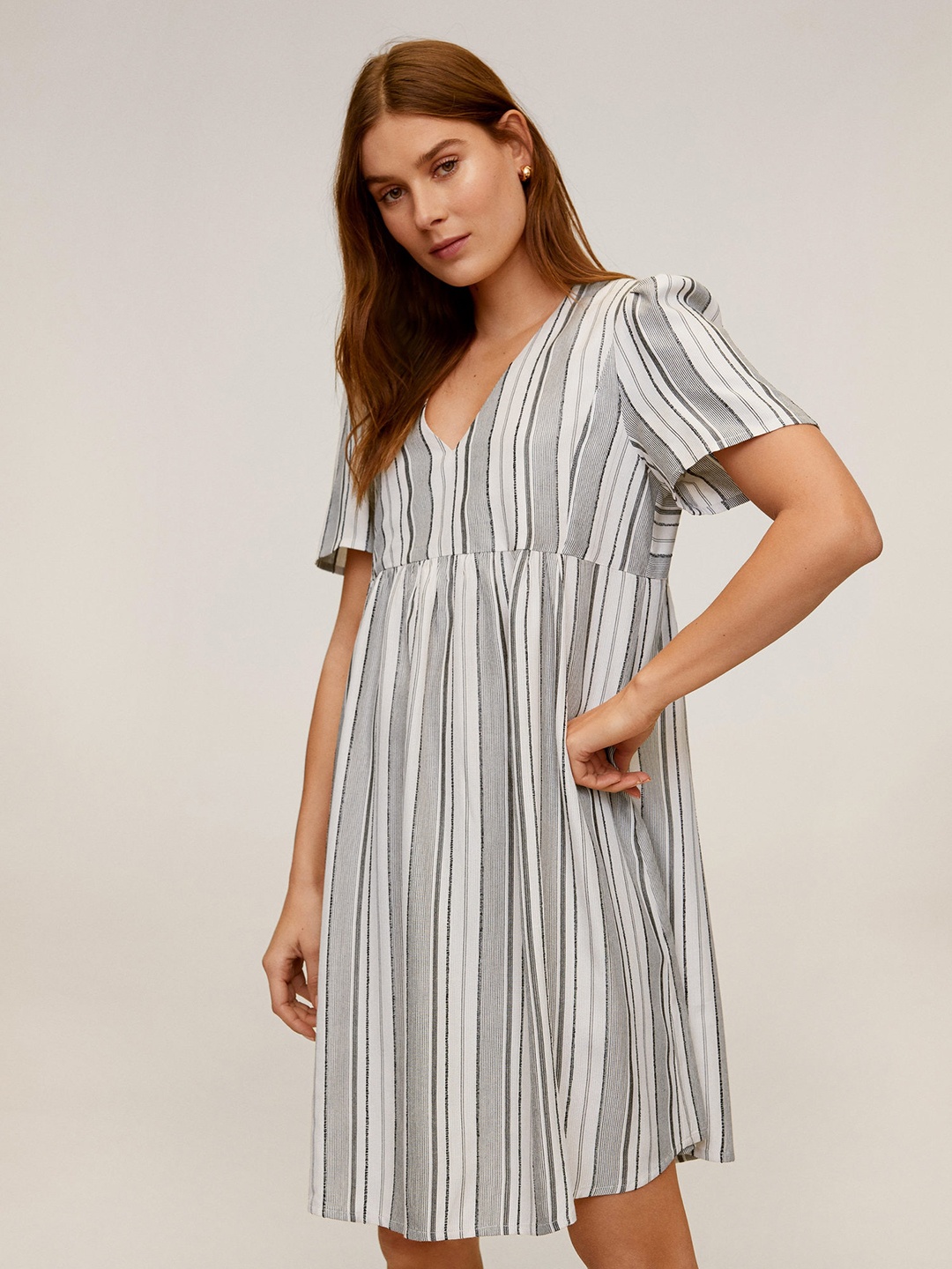 

MANGO Women Off-White & Black Striped Shift Dress