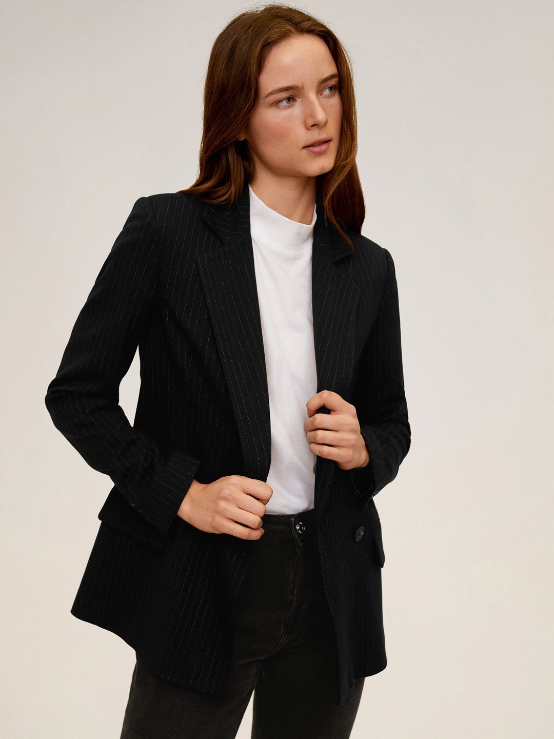 

MANGO Women Black & White Stripped Single-Breasted Blazer