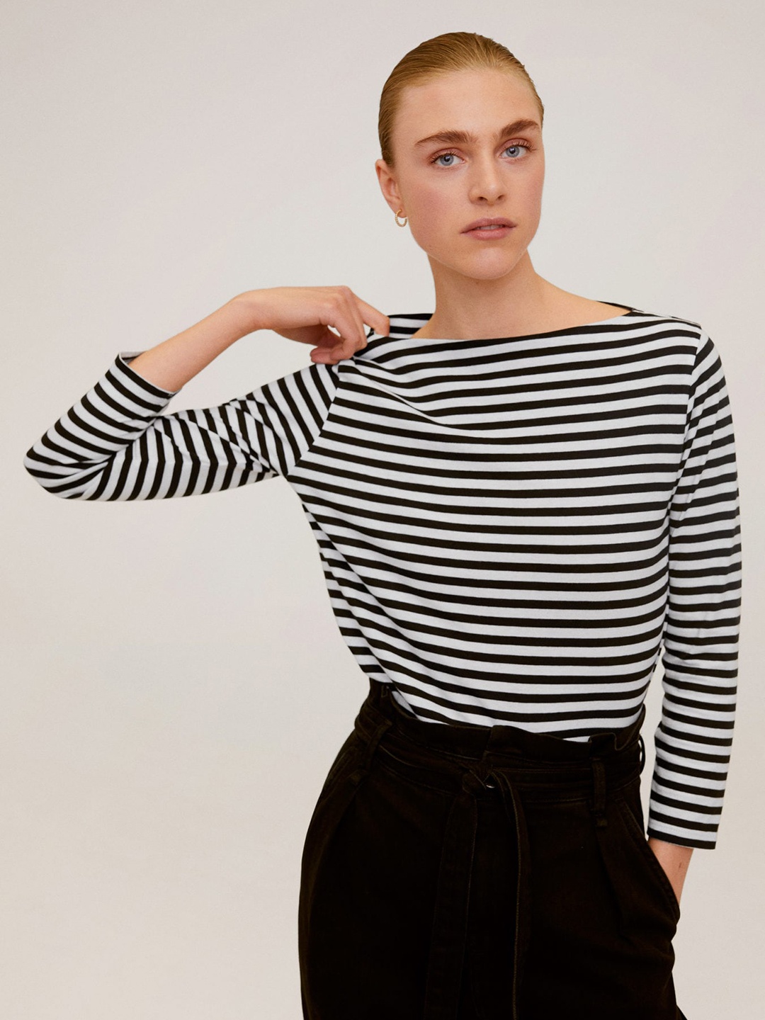 

MANGO Women Black White Striped Boat Neck Pure Cotton T-shirt