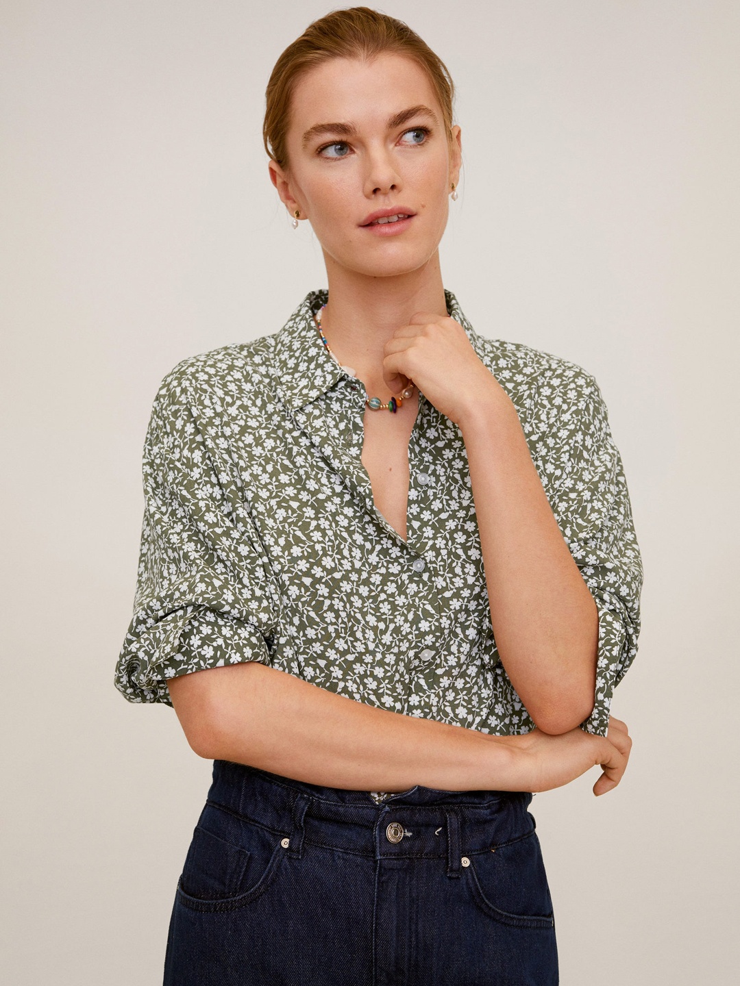 

MANGO Women Olive Green & White Regular Fit Printed Casual Shirt