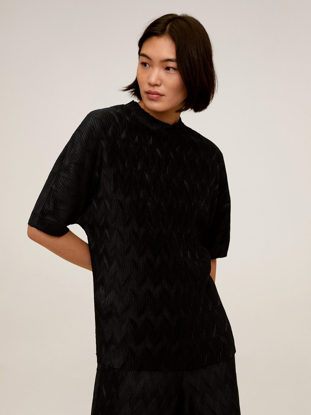 

MANGO Women Black Micro-Pleated Top